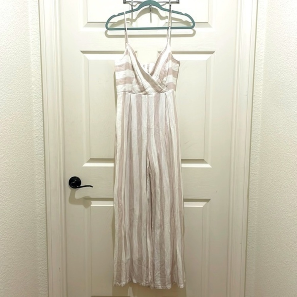 june & hudson White & Tan Striped V-Neck Spaghetti Strap Jumpsuit